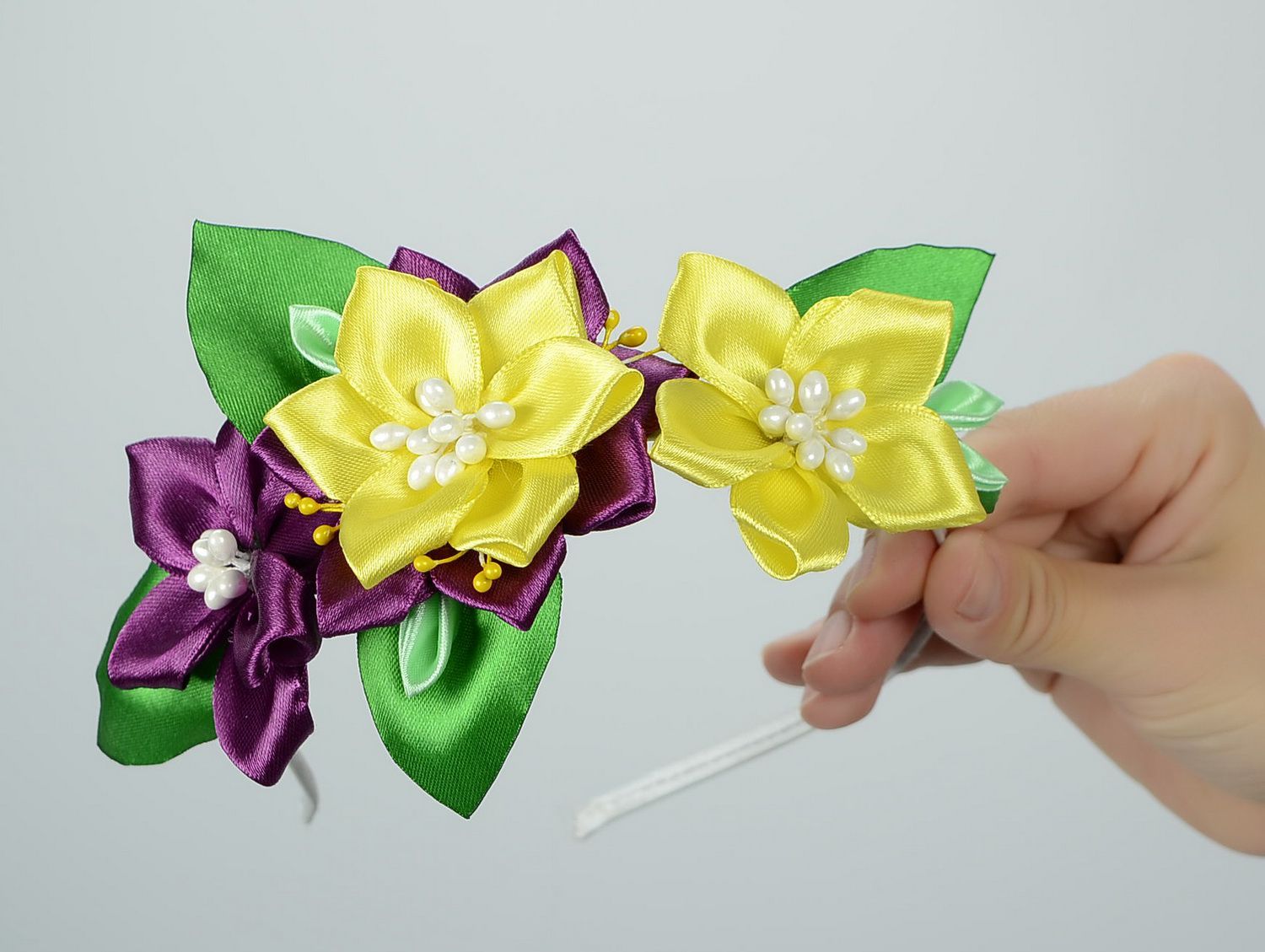 Headband, head wreath with satin flowers Yellow and violet photo 4