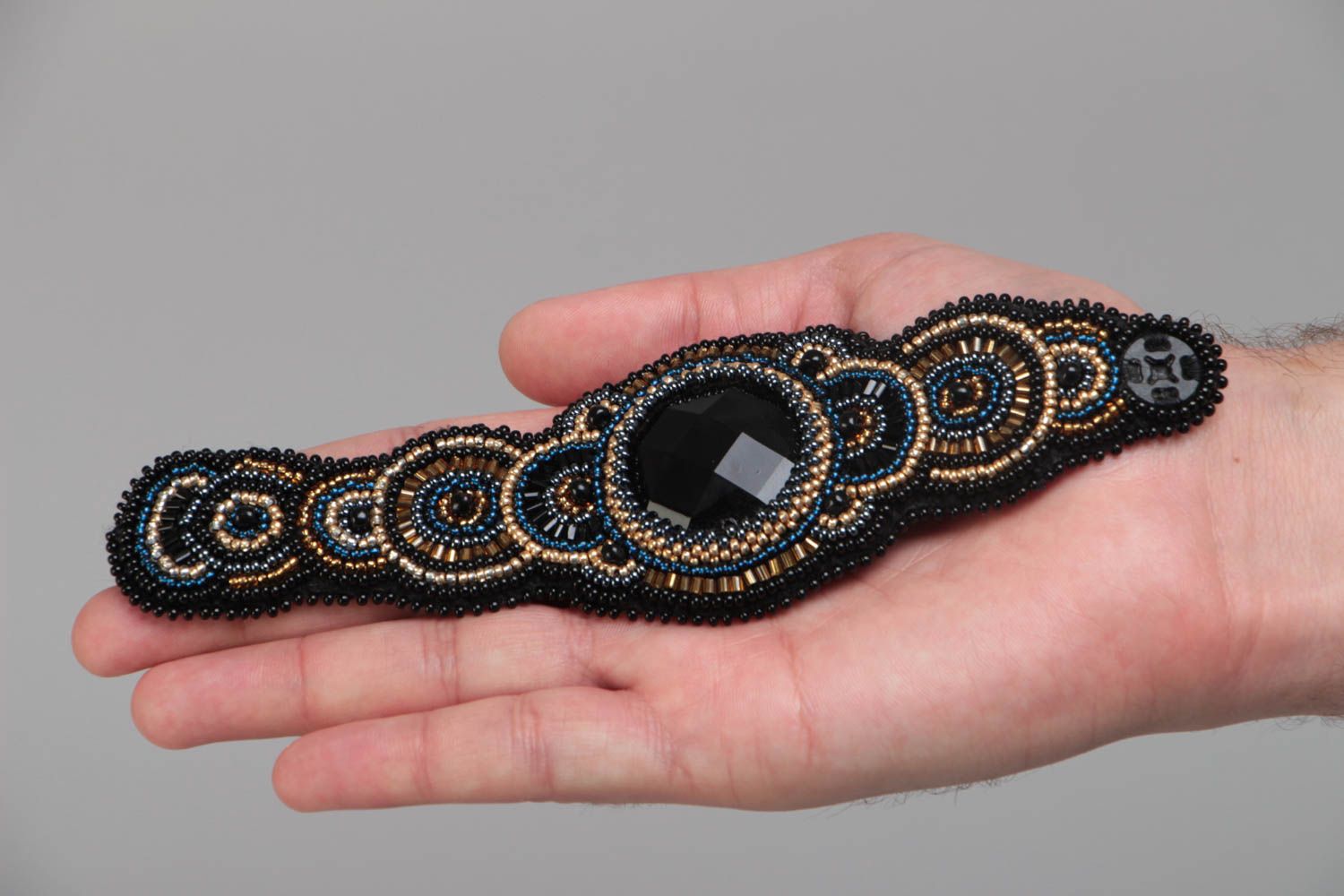 Elegant black beads bracelet with large black cabochon for women photo 5
