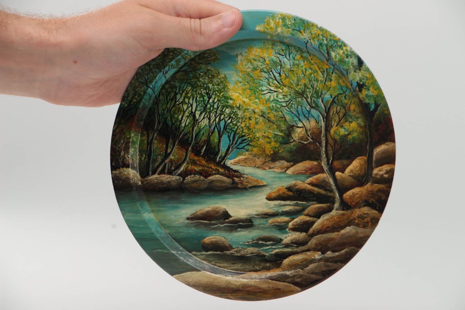 Handmade decorative round wooden wall plate with painting At the river photo 5