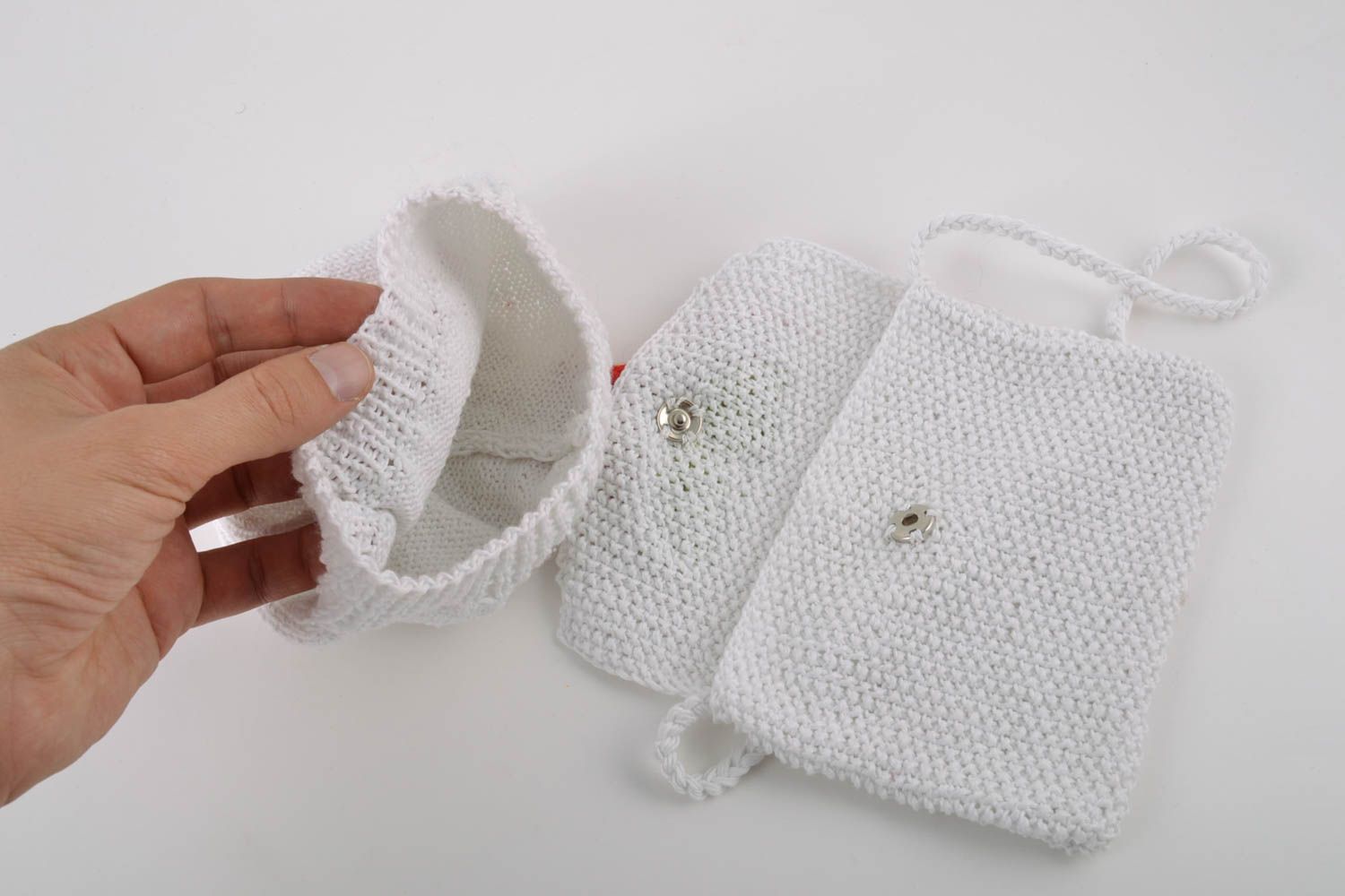 Bonnet tricoté et sac à main pour fillette faits main en coton blanc set photo 2