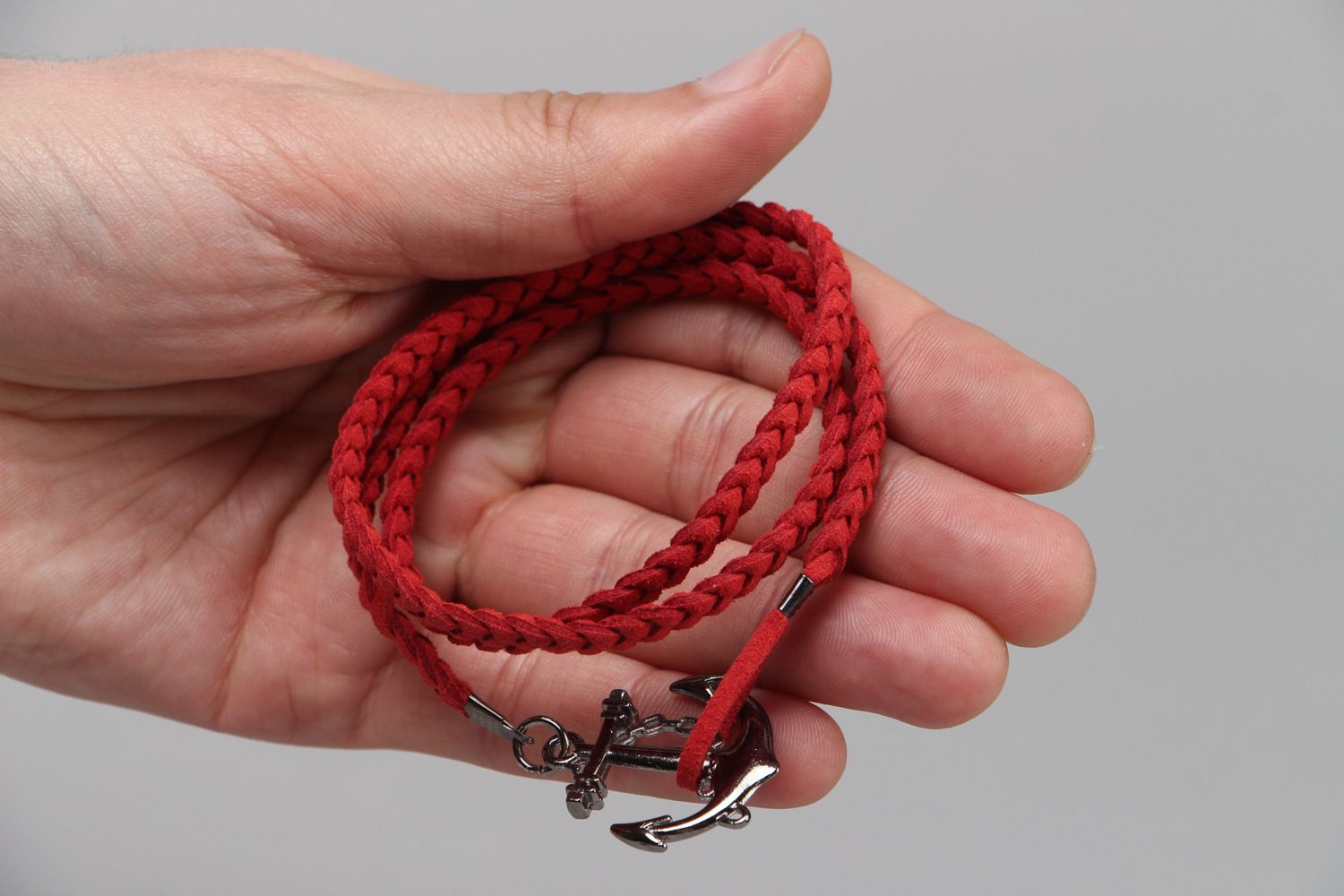 Handmade multi row marine bracelet woven of red artificial suede with anchor photo 3