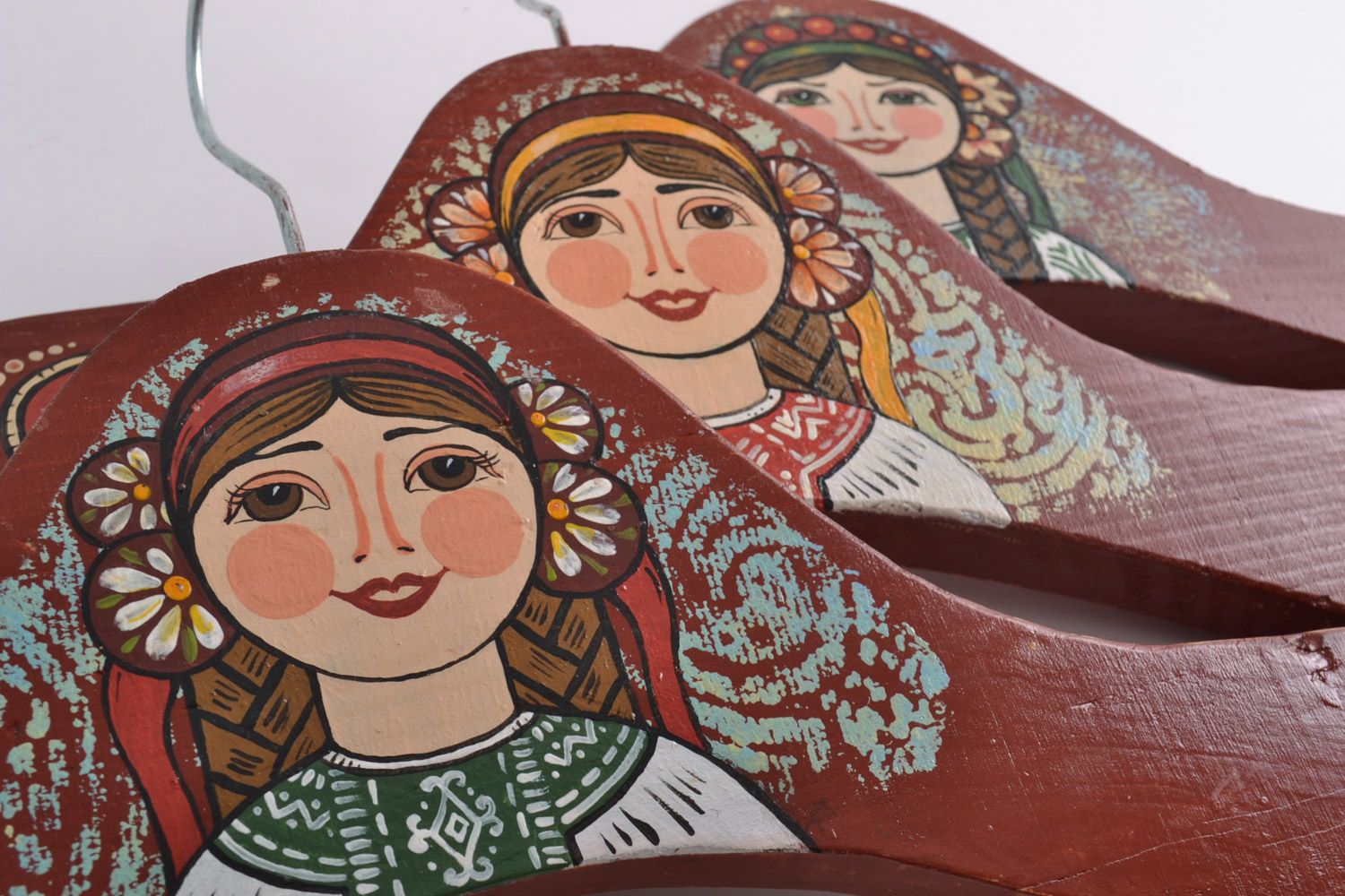 Set of 3 handmade wooden clothes hangers with acrylic painting in ethnic style photo 3