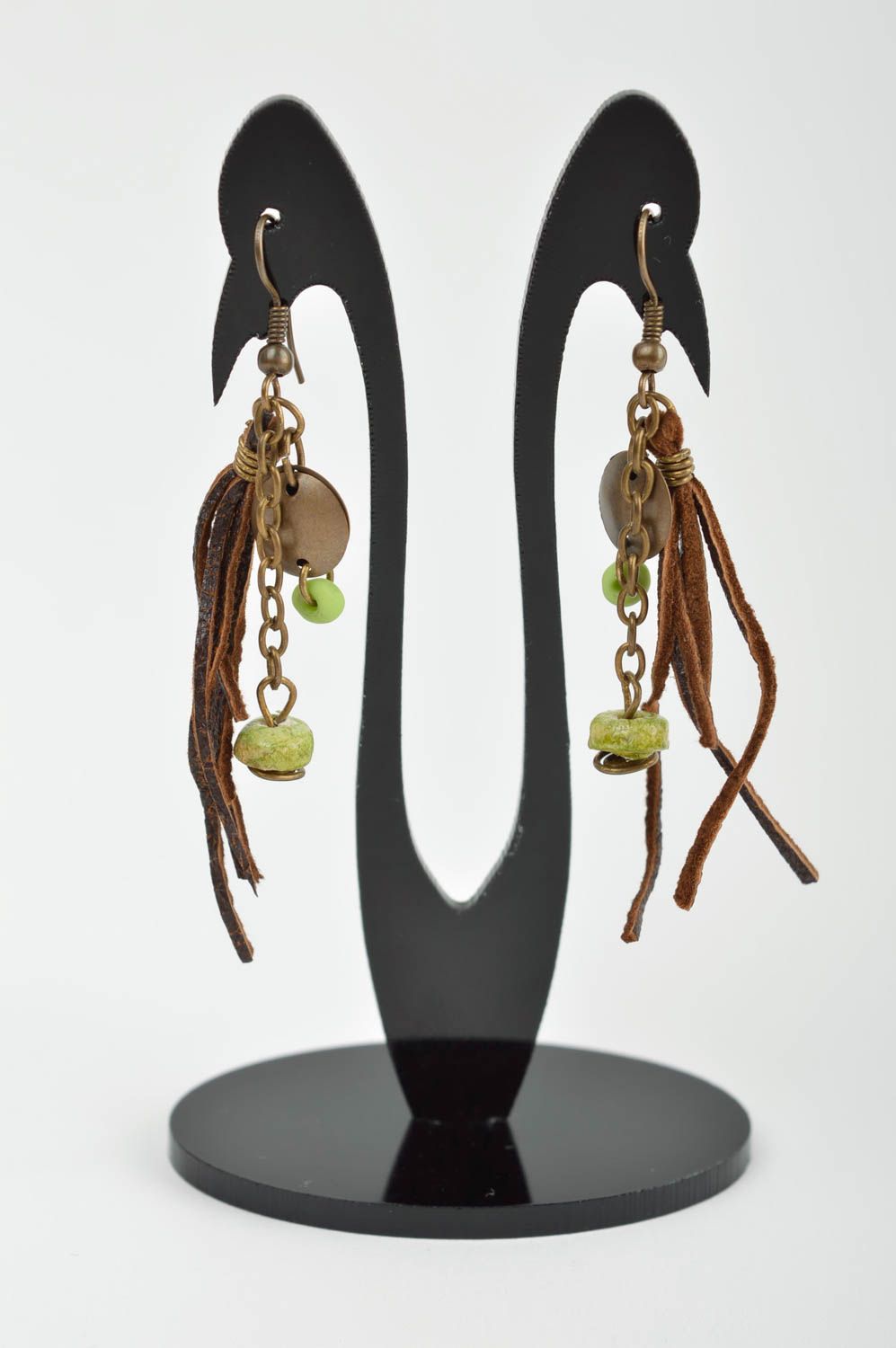 Boucles d'oreilles pendantes Bijou fait main design Accessoire femme marron vert photo 2