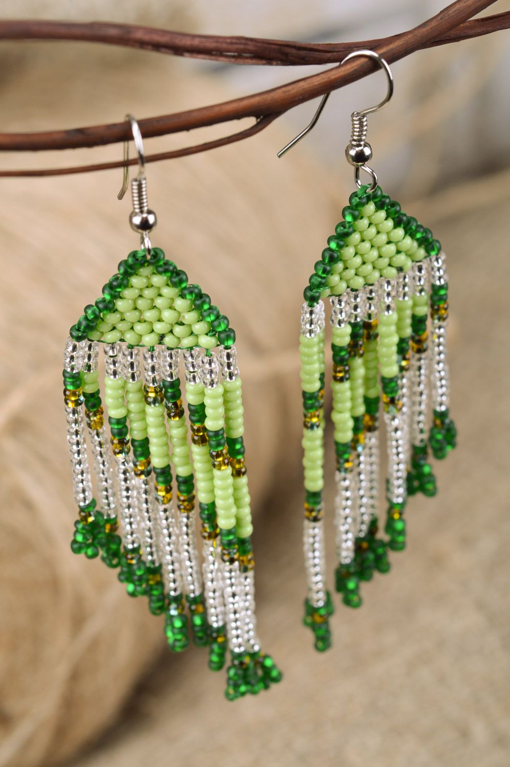 Green handmade woven Czech bead long earrings in Orient style photo 1