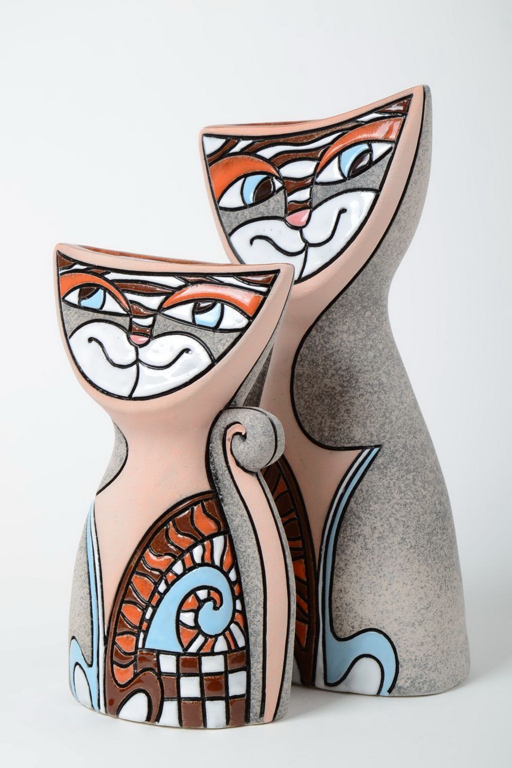 Dekorative Vasen aus Ton in Form der Katzen 2 Stück Künstler Handarbeit schön foto 3
