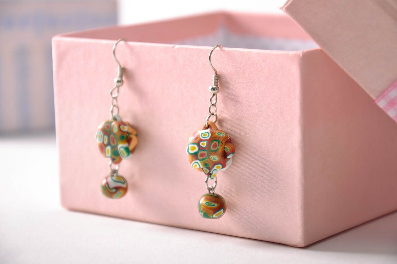 Long polymer clay earrings with pendants photo 1