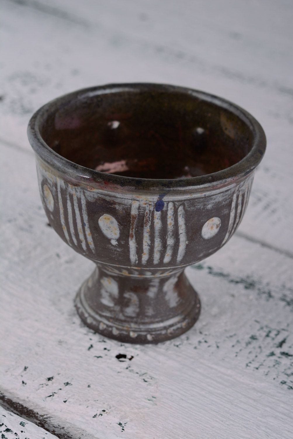 Handmade dark ornamented ceramic goblet created using reduction firing technique photo 5