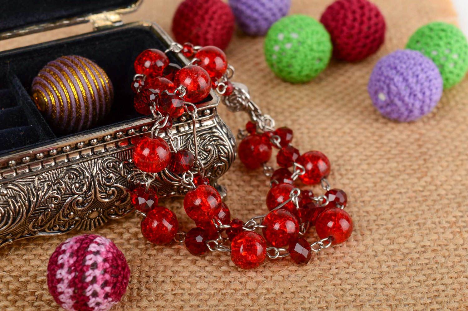Handmade multi row wrist bracelet with red Venetian glass and Czech crystal  photo 1