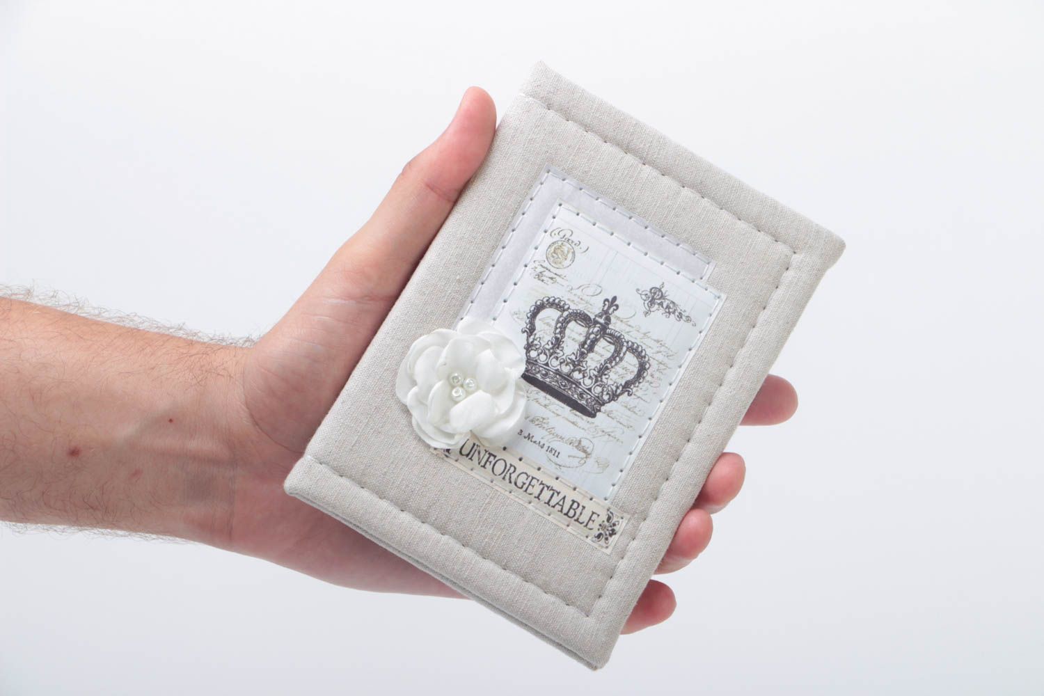 Carnet couverture en tissu de coton fait main scrapbooking avec fleur blanche photo 5