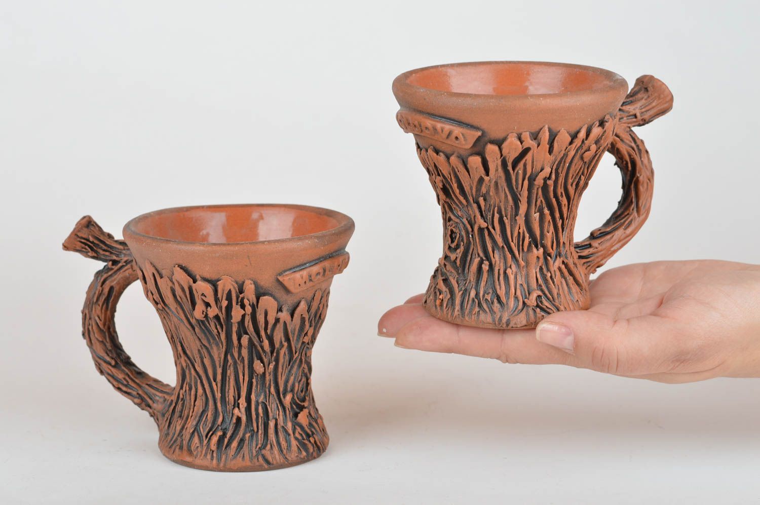 Set of 2 beautiful handmade designer clay cups stylized on wood 100 ml each photo 3