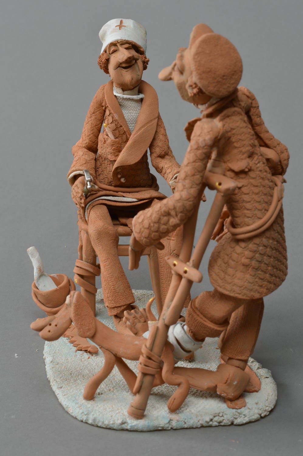 Handmade unusual ceramic miniature sculpture composition Visit to a Doctor photo 2