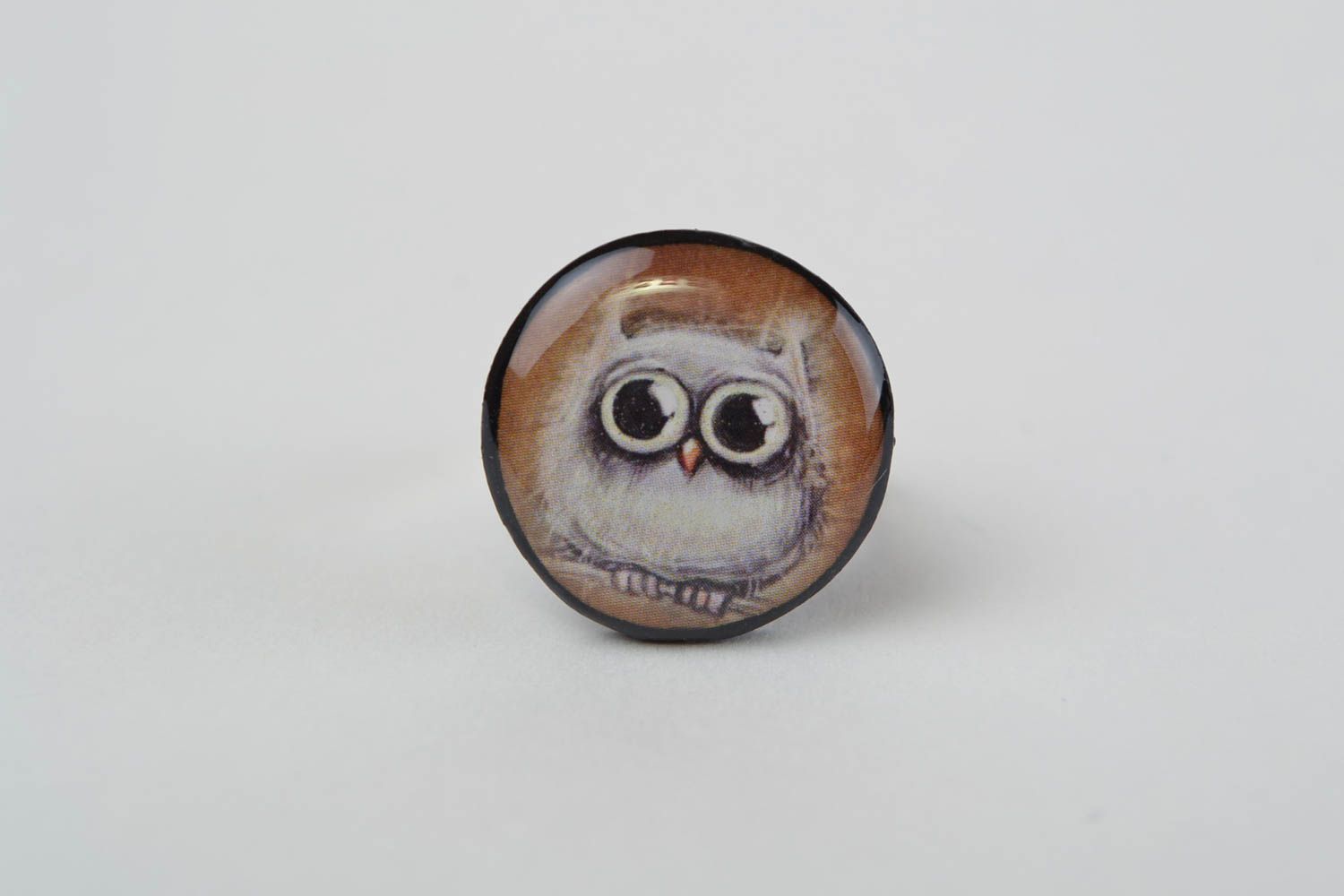 Кольцо из полимерной глины с декупажем круглое с совой красивое ручной работы фото 3