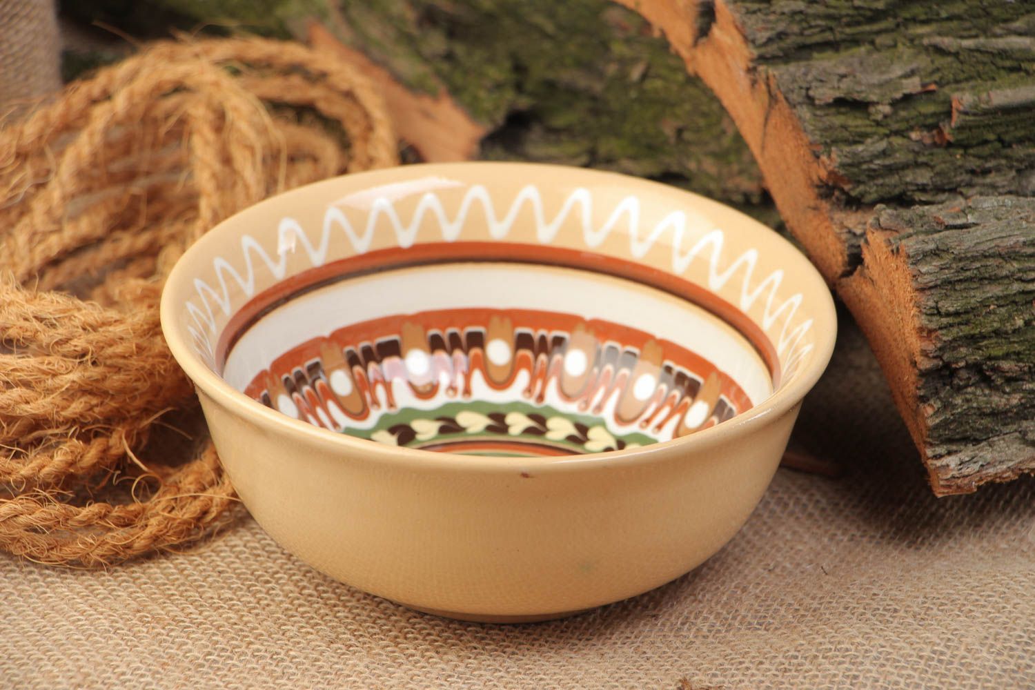 Homemade ceramic bowl molded of red clay coated with colorful glaze 400 ml photo 1