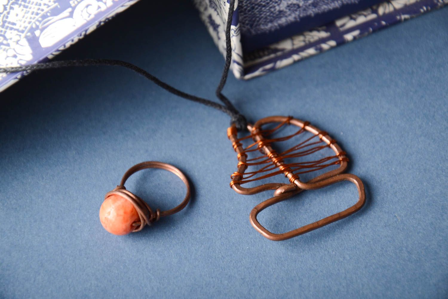 Unusual handmade copper jewelry set metal ring metal pendant beautiful jewellery photo 1