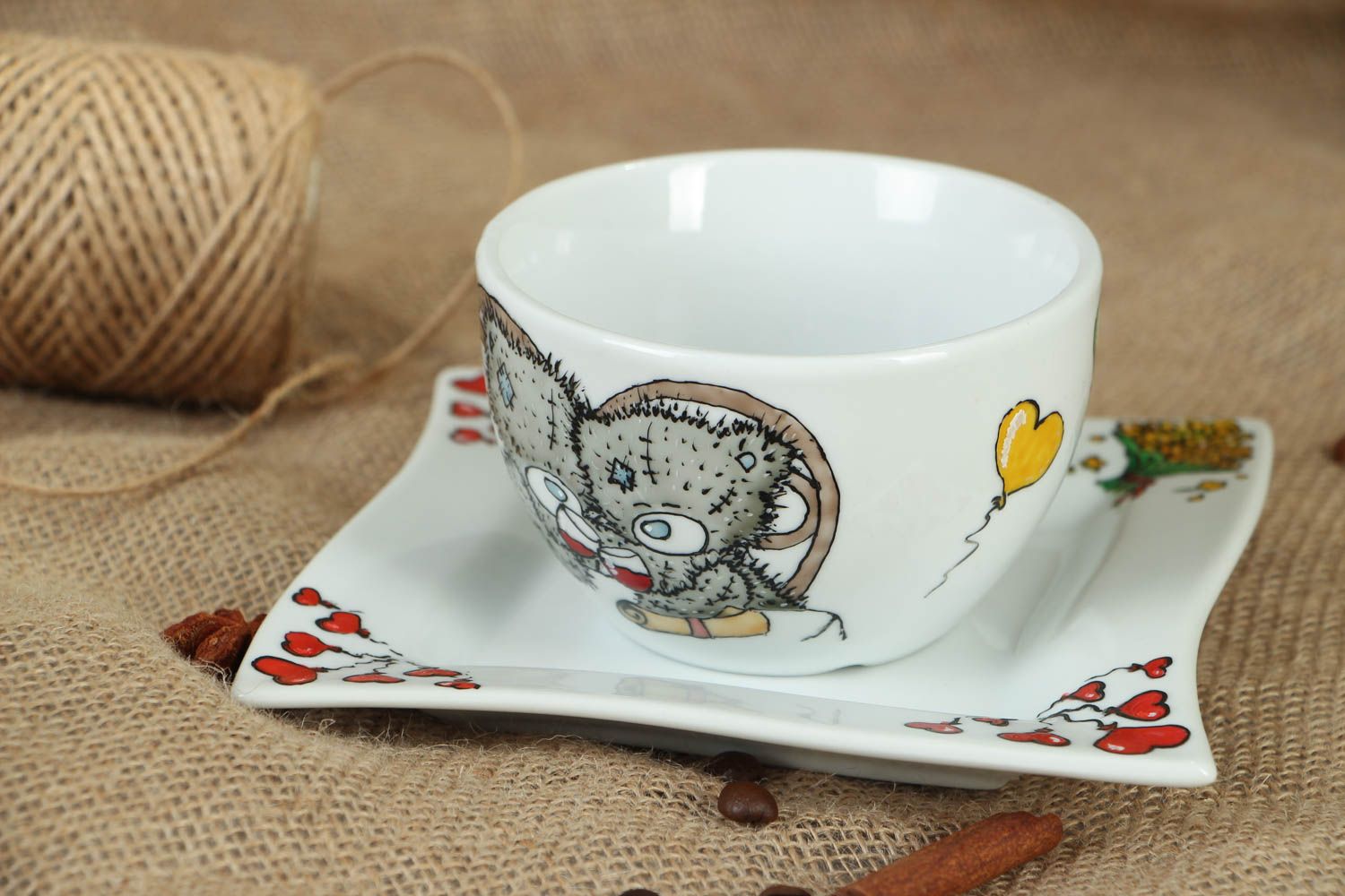 Porcelain handmade drinking cup for kids with handle, saucer, and funny teddy bears a pattern photo 5