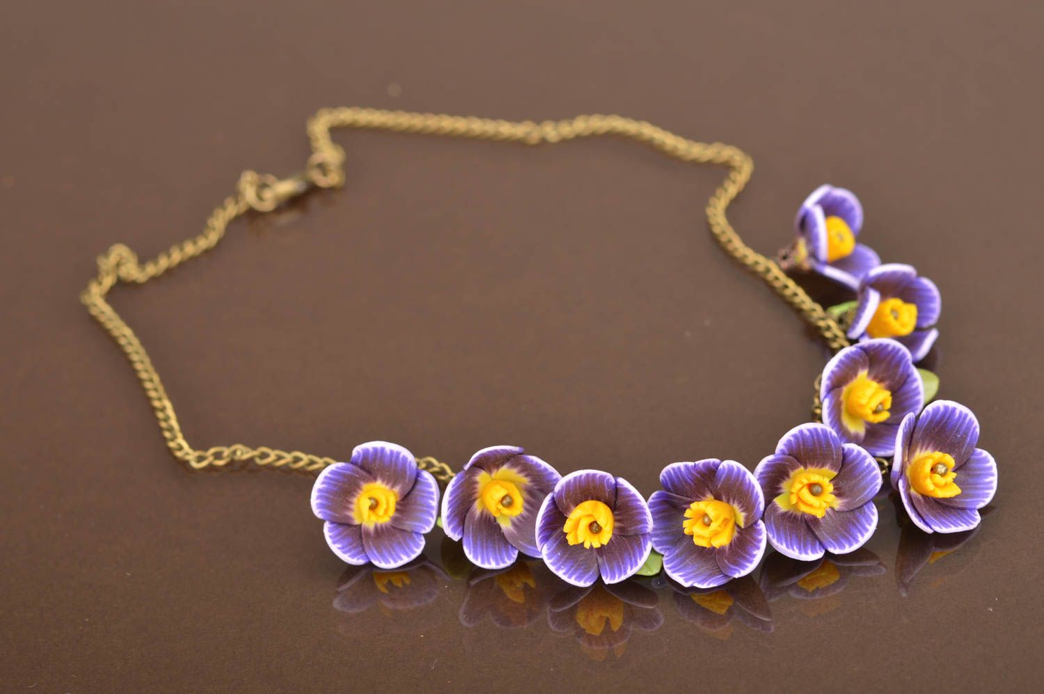 Handmade violet beautiful necklace with flowers made of polymer clay on chain  photo 1