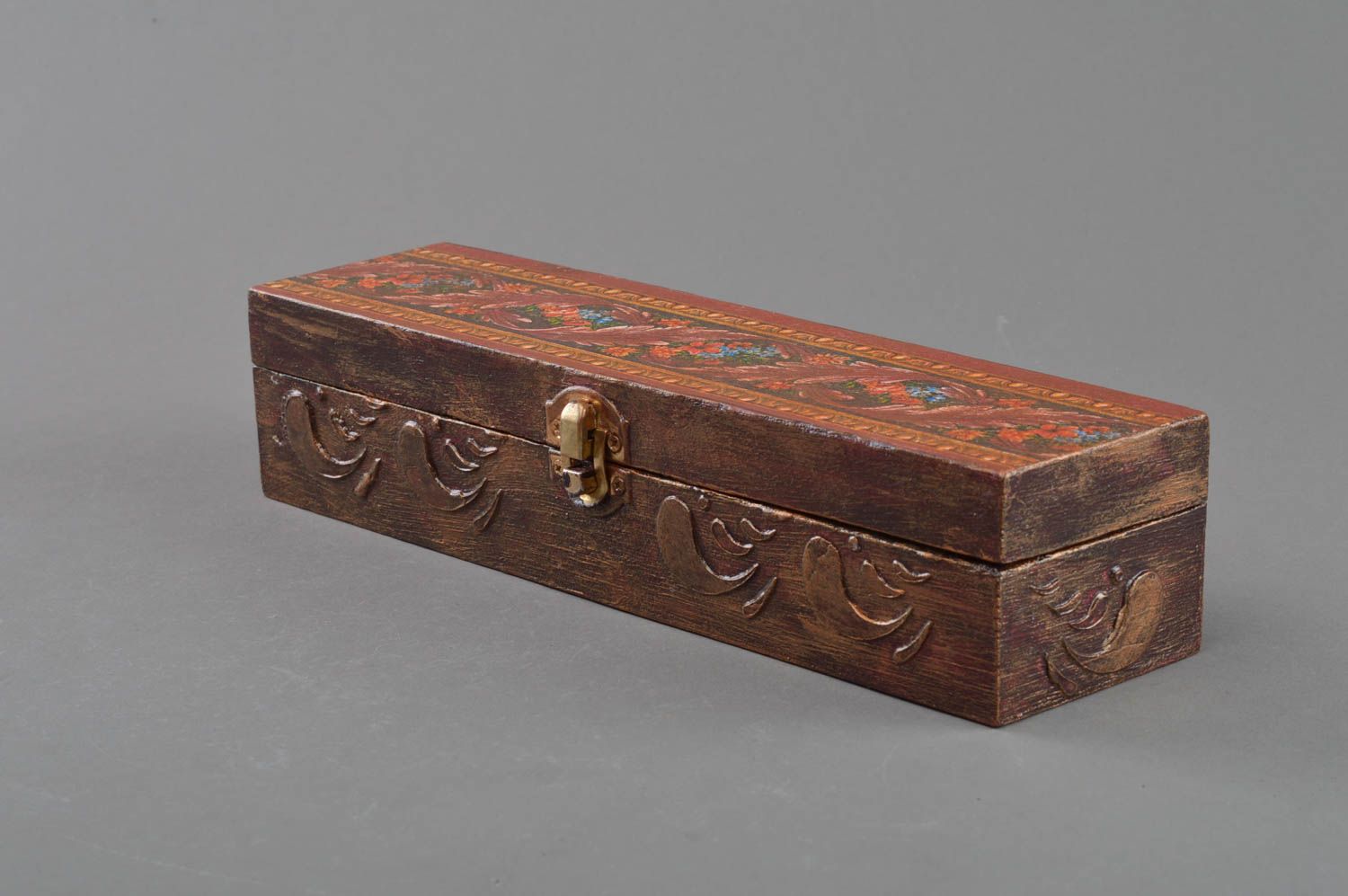 Handmade long rectangular decoupage wooden jewelry box with lining dark brown photo 1