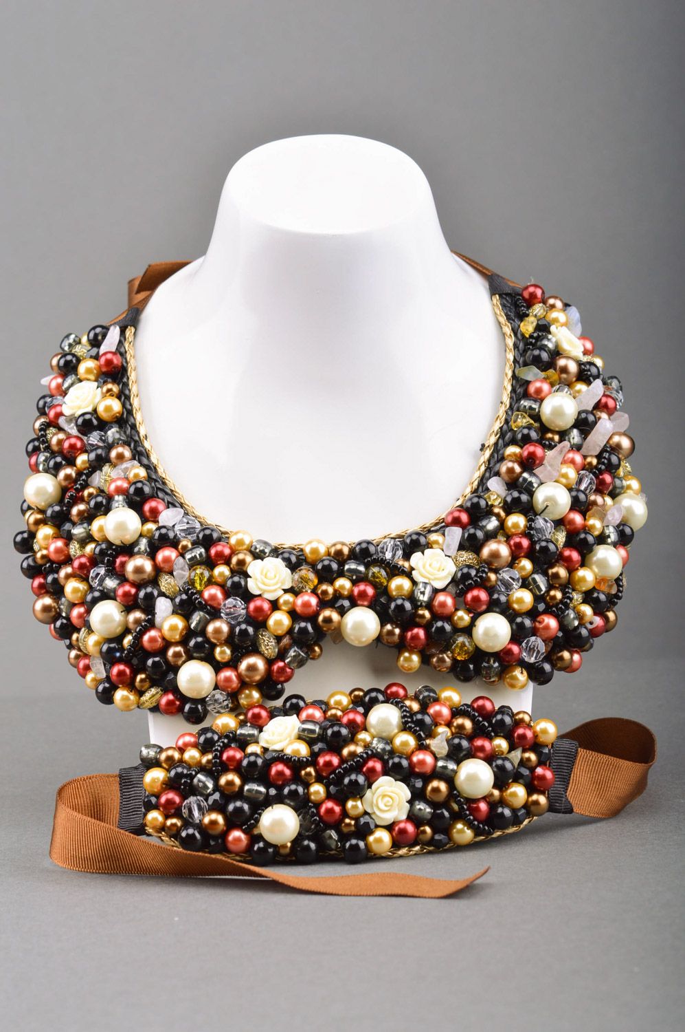 Collier collet et bracelet fait main en perles fantaisie et rubans pour femme photo 1
