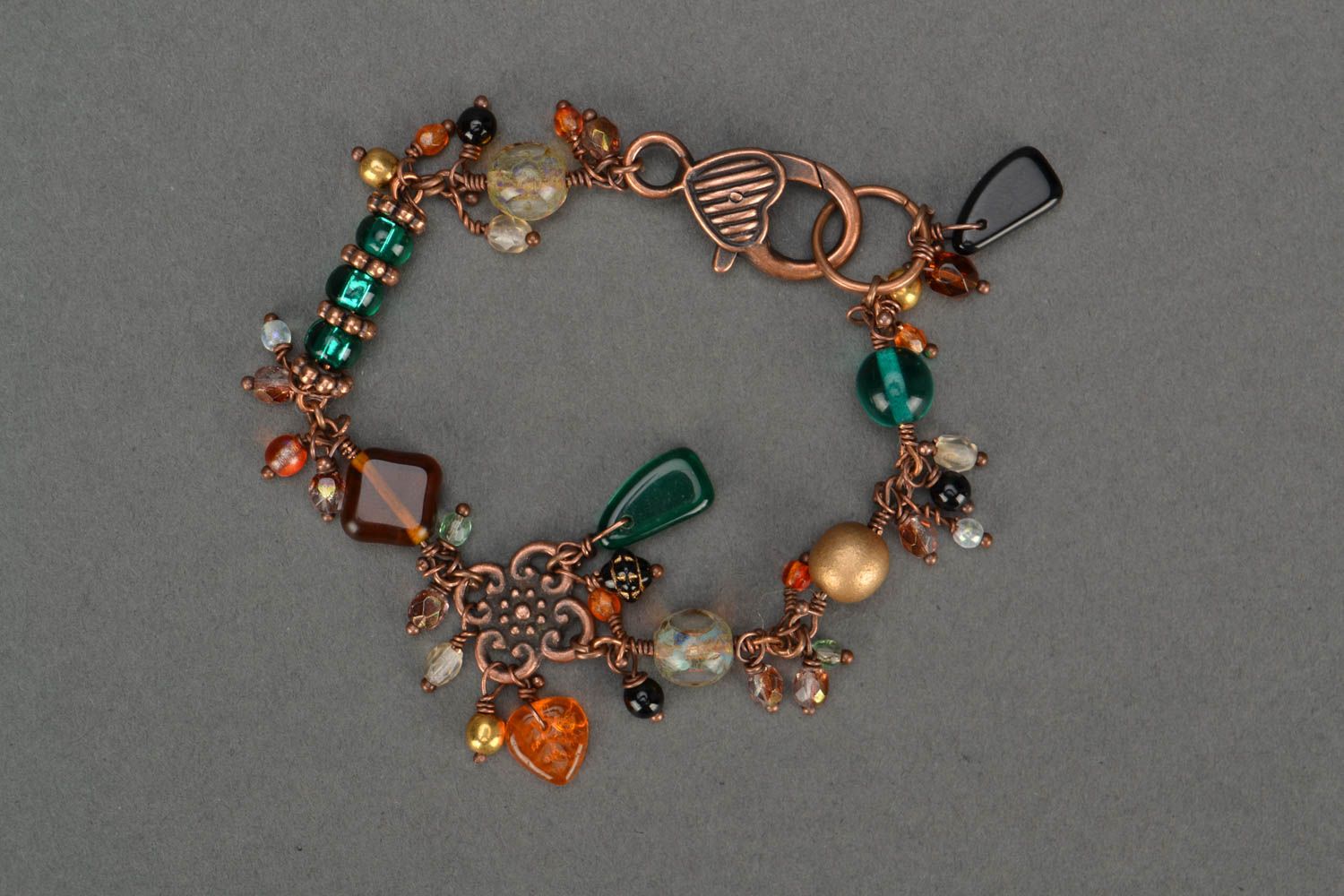 Bracelet perles de verre fantaisie cuivre accessoire original fait main Automnal photo 1