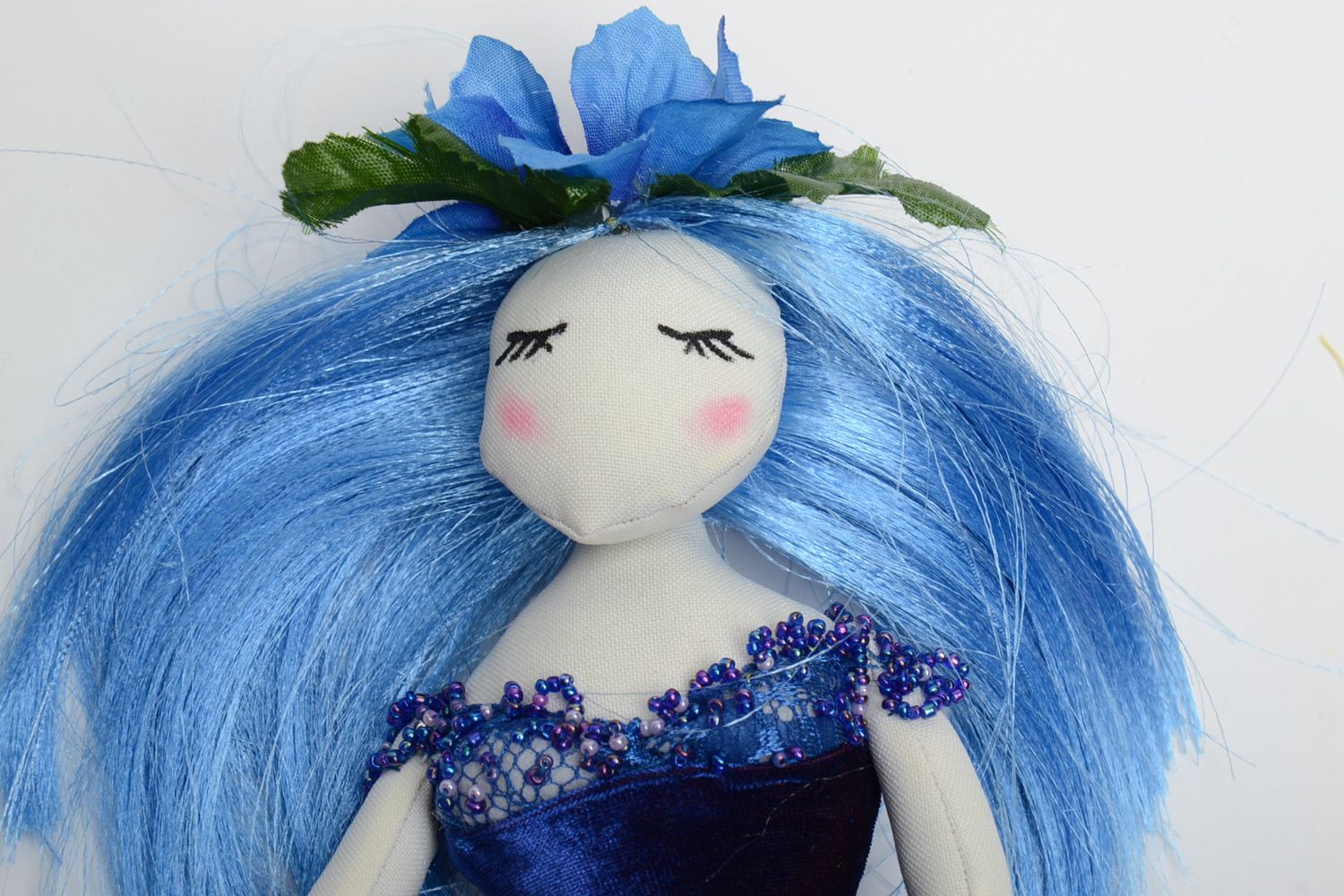 Handmade fabric doll in blue clothing photo 3