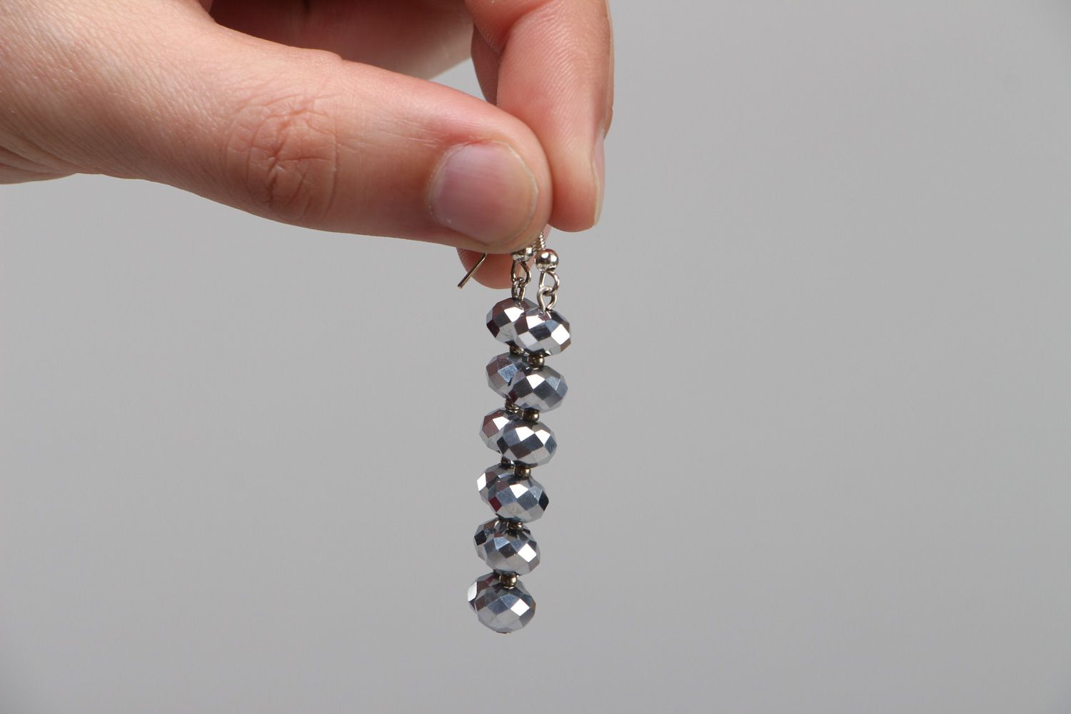Handmade elegant long earrings with glass beads of silver color for ladies photo 3