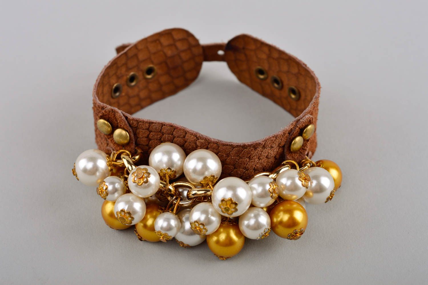 Handmade designer leather bracelet female brown bracelet wide wrist jewelry photo 2