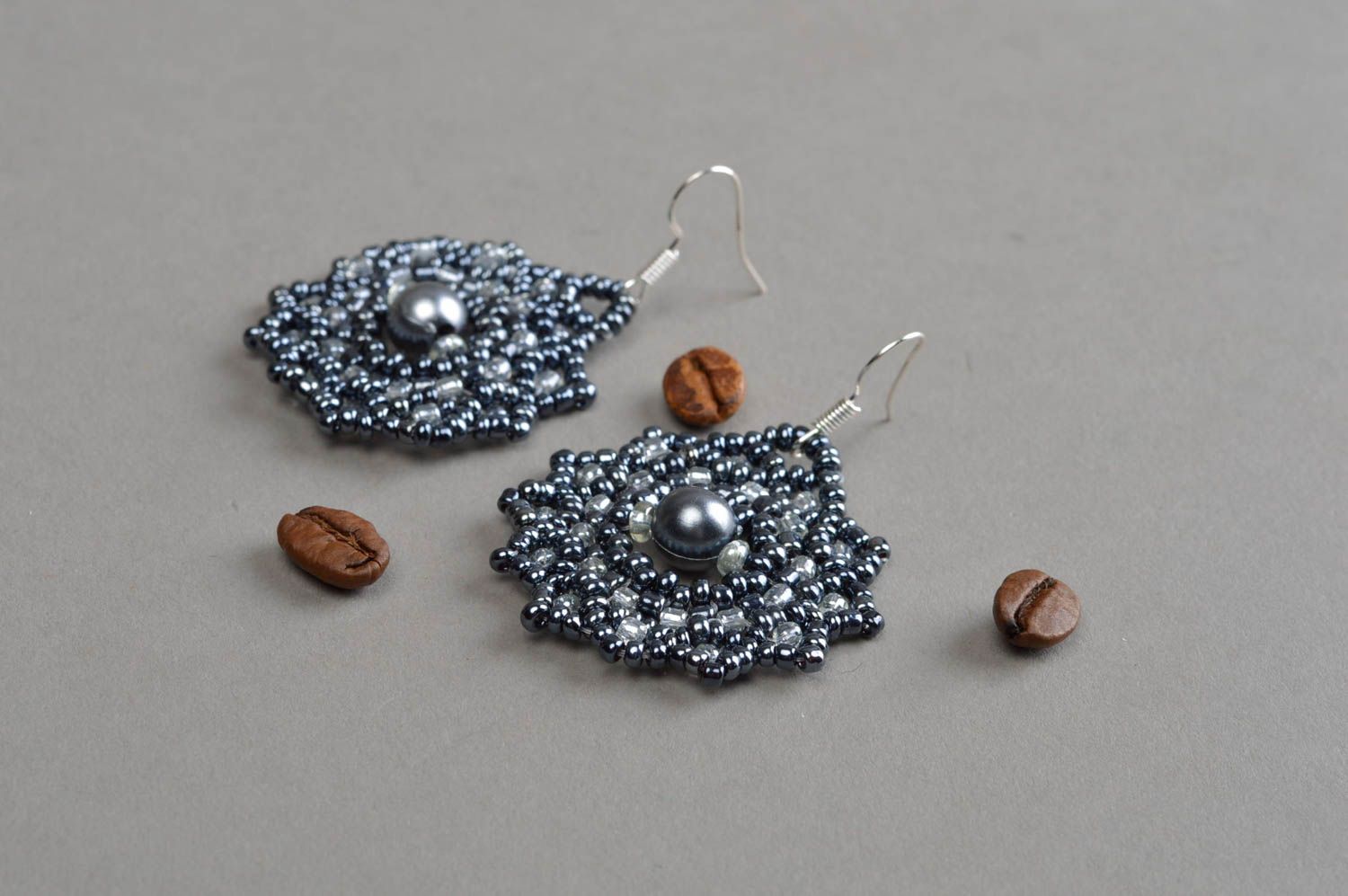 Beaded handmade earrings dark round jewelry stylish unusual accessories photo 1