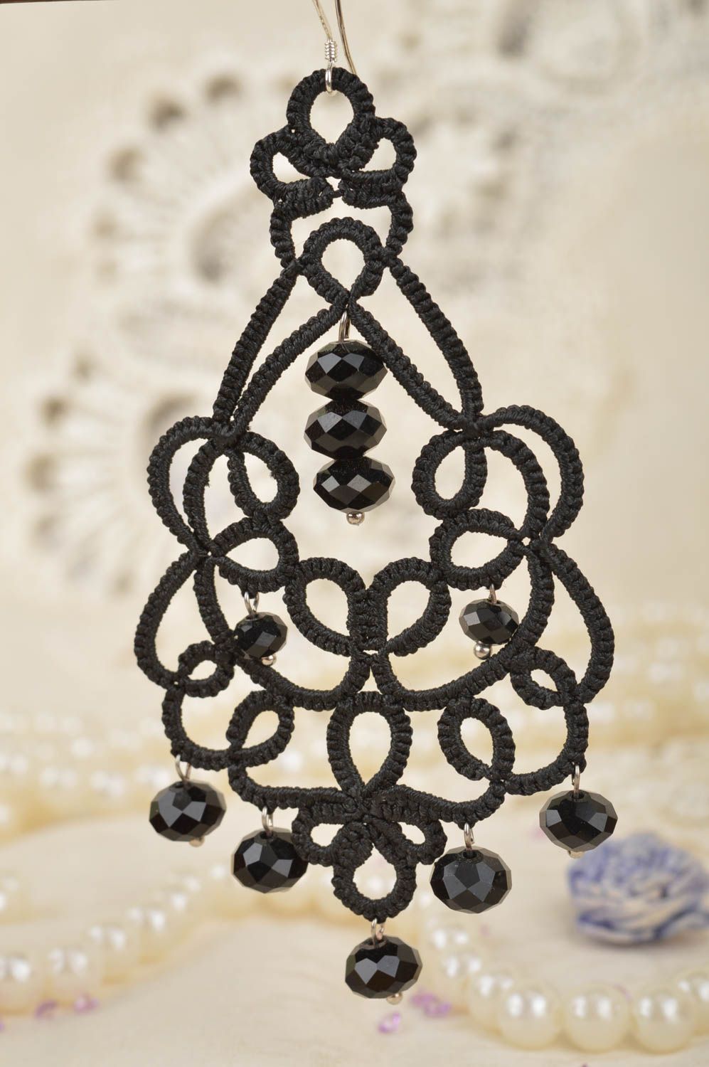 Lange große massive handmade Occhi Ohrringe in Schwarz mit Kristallen  foto 3