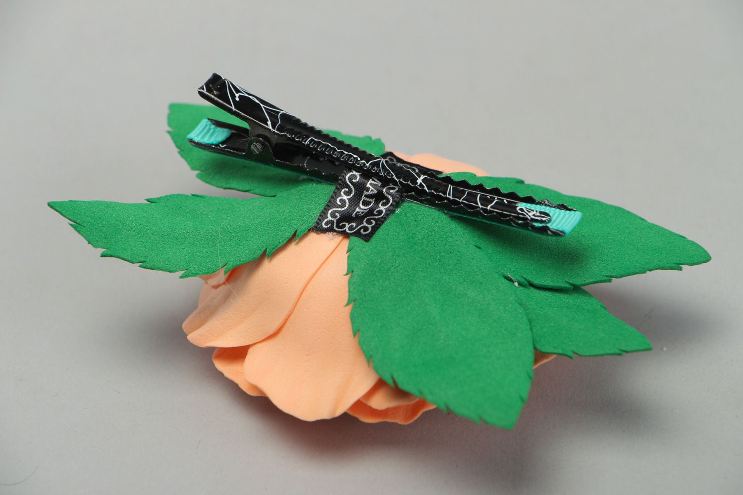Handmade festive hair clip with volume foamiran flower of orange color photo 3