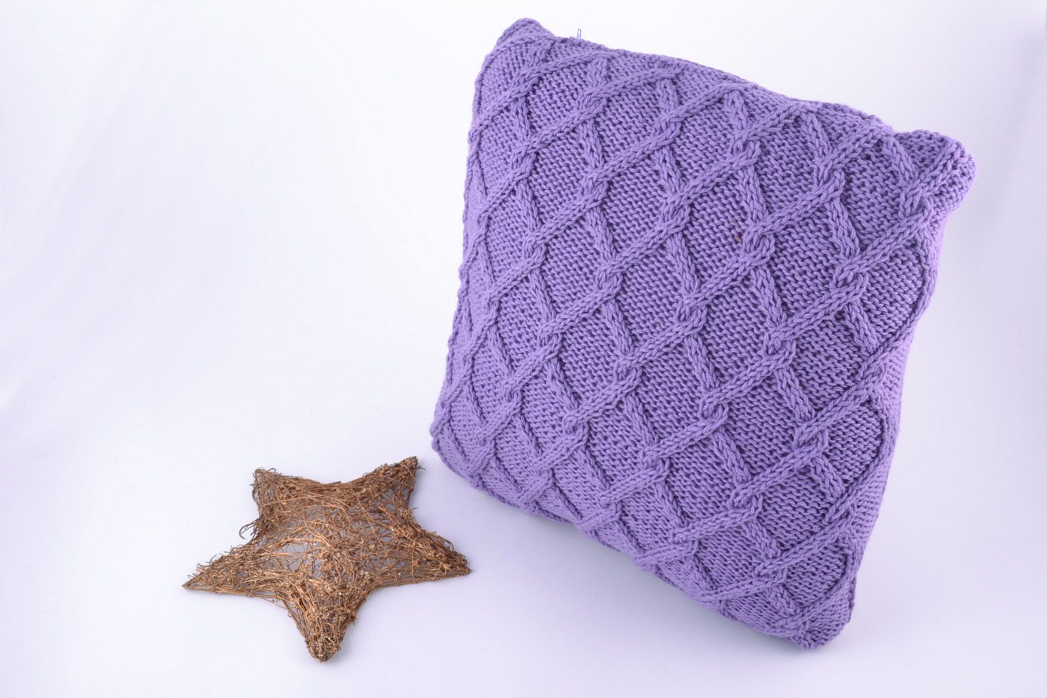 Handmade pillow cover knitted of violet semi-woolen threads with zipper  photo 1