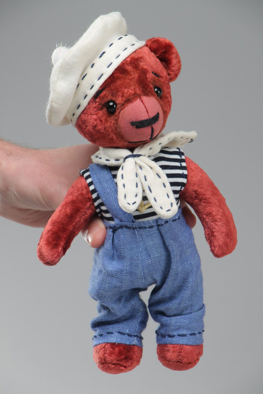 Handmade soft toy red plush bear in marine suit for children and interior decor photo 5