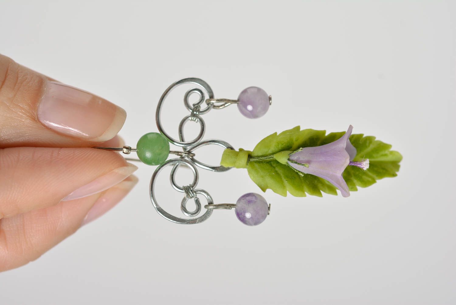 Handmade fancy long dangling earrings with polymer clay flowers and beads photo 4