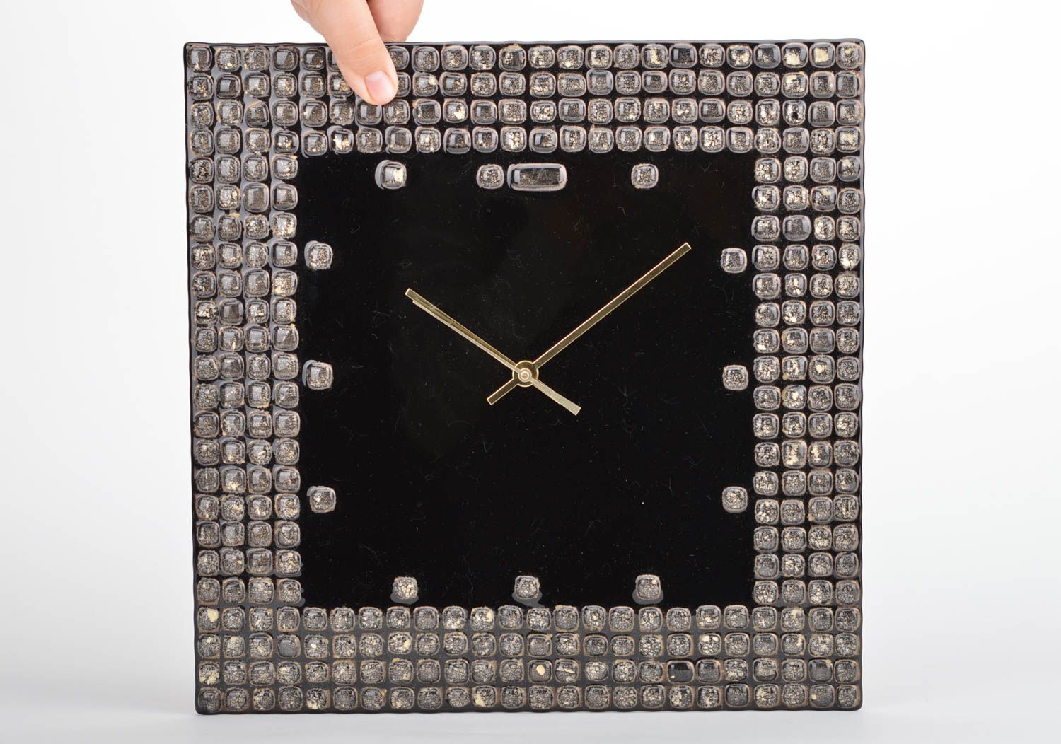 Beautiful square handmade designer fused glass wall clock of black color photo 3