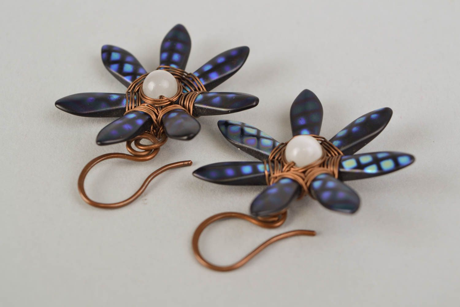 Handmade copper earrings Flowers photo 4