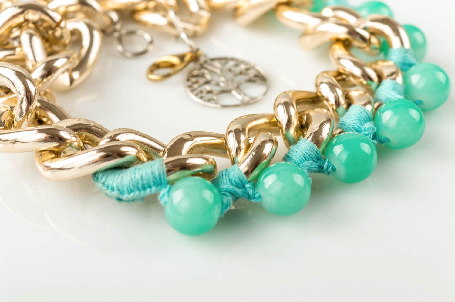 Handmade green necklace on chain stylish gold accessories beautiful jewelry photo 5