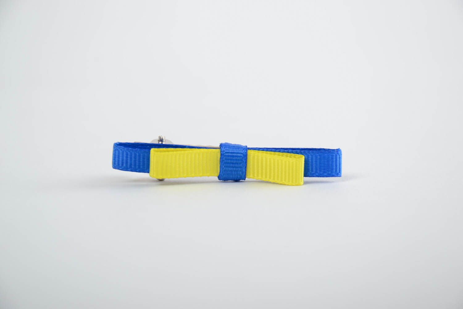Yellow and blue handmade designer children's satin ribbon bow hair clip photo 2