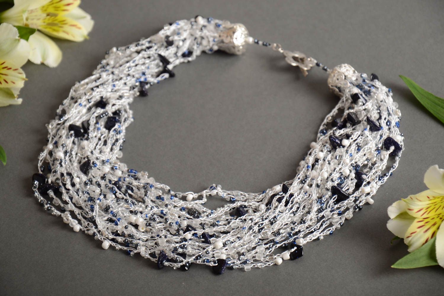 Black and white handmade designer woven bead necklace airy multirow photo 1