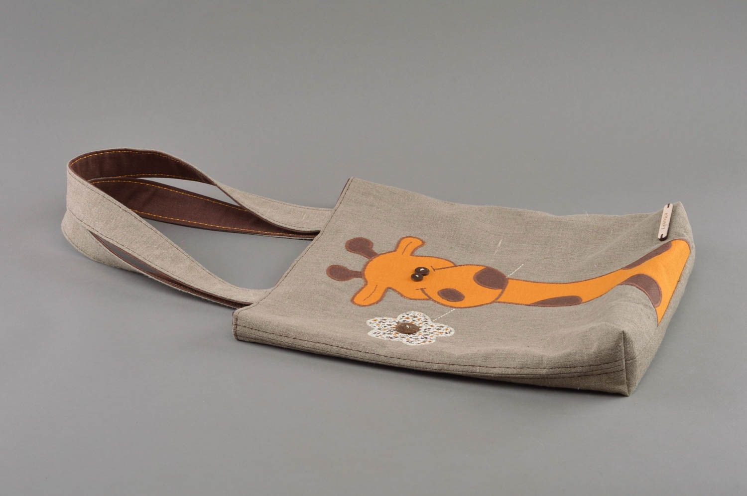 Handmade designer linen bag with two handles gray with giraffe image photo 1