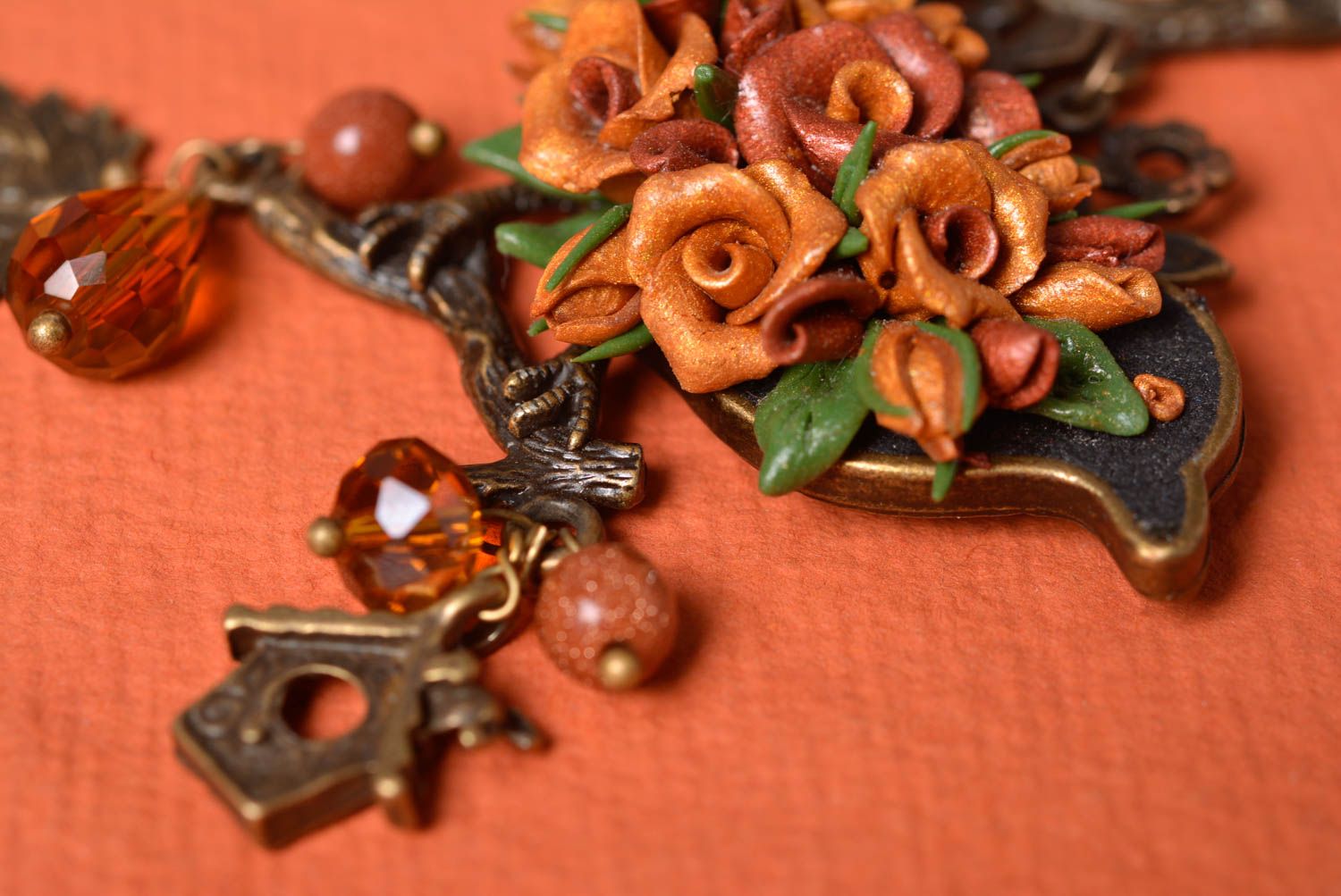 Beautiful brown handmade designer polymer clay flower pendant necklace photo 3