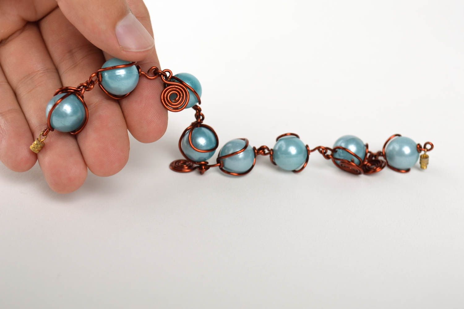 Медный браслет ручной работы браслет из бусин женский браслет голубой стильный фото 5
