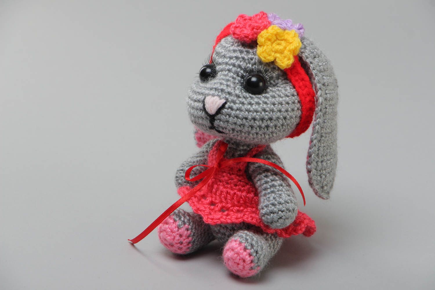 Small gray handmade soft toy bunny crocheted of acrylic threads for children photo 2