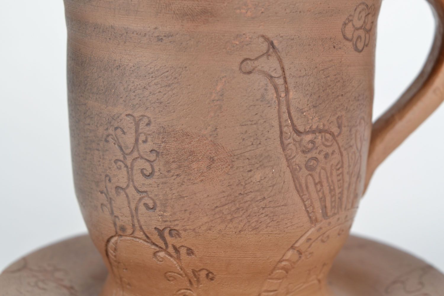 Natural clay drinking cup for a kid with handle and giraffe pattern photo 5