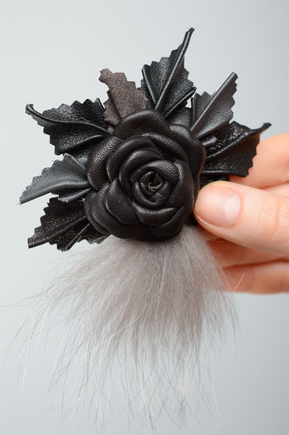 Handmade leather and fur brooch-hair clip Rose photo 2