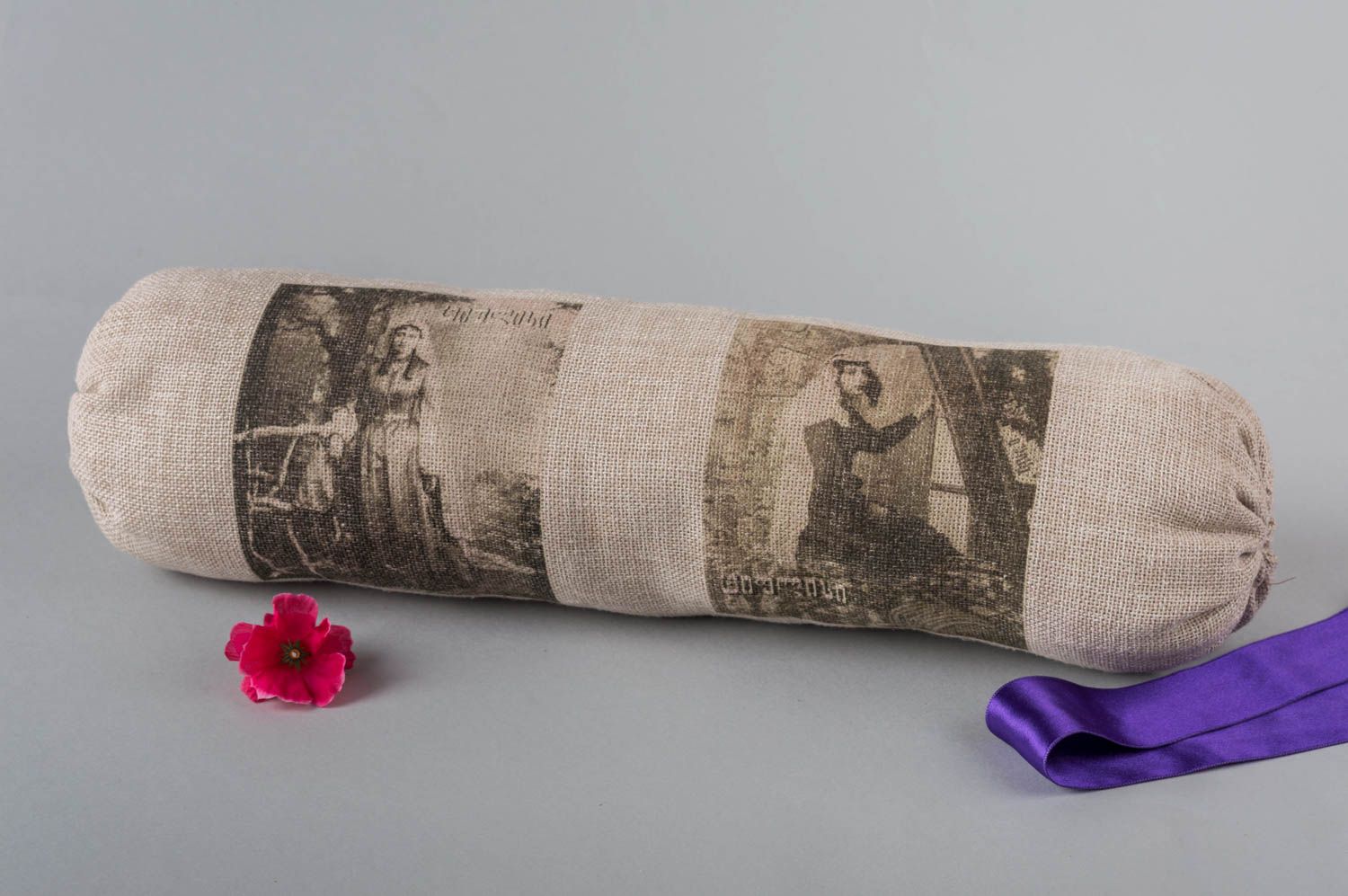 Pillow made of sackcloth handmade long pillow in vintage style pillow with print photo 1