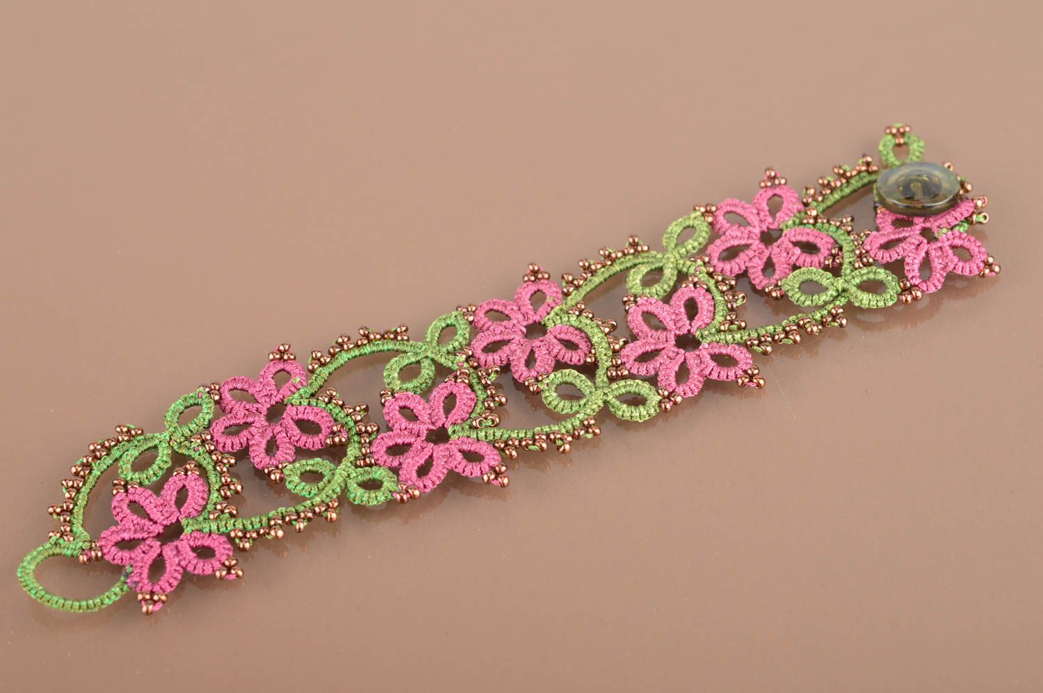 Green and pink handmade designer tatted lace bracelet with beads for girls photo 2