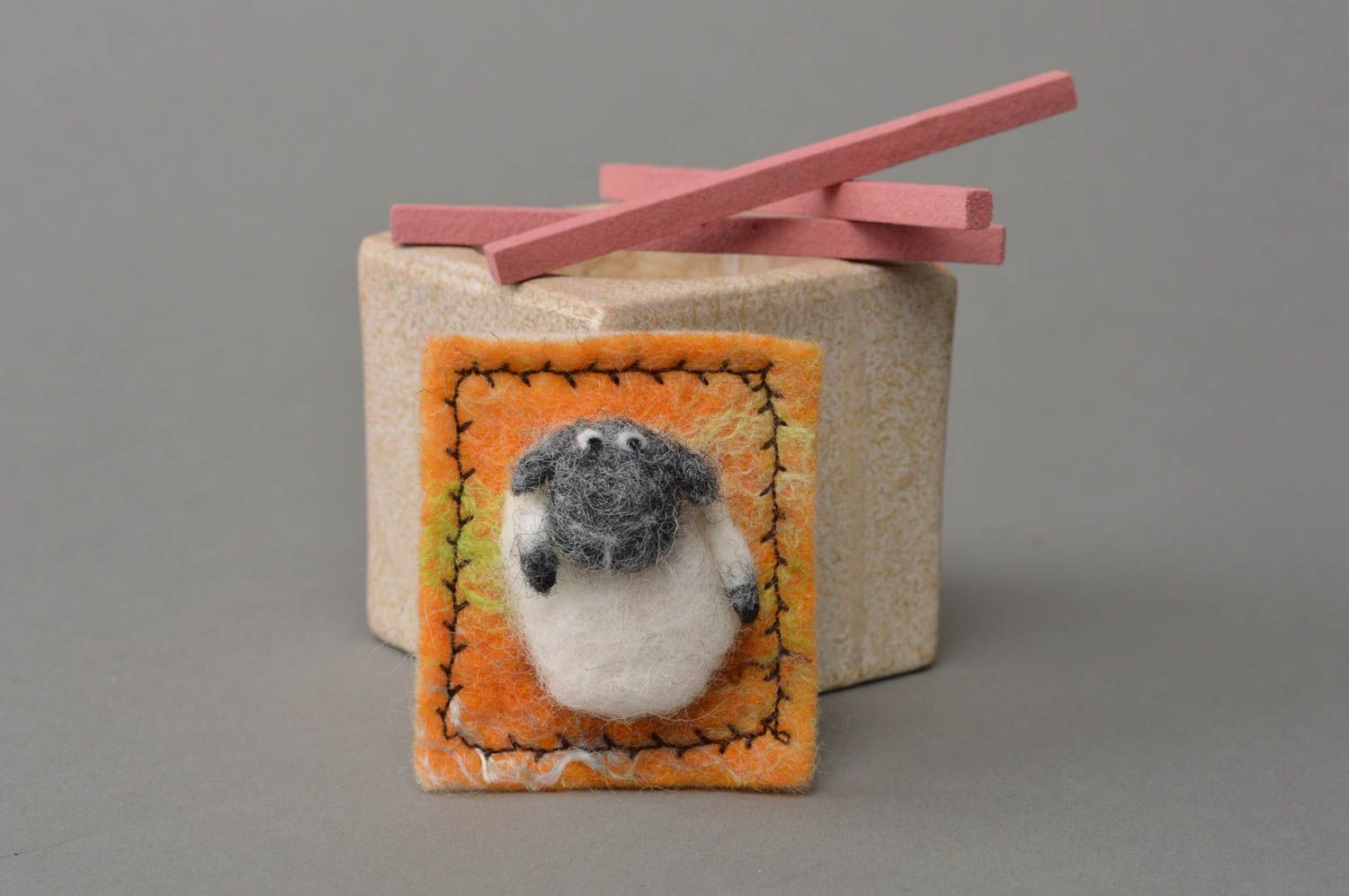 Handmade beautiful square fridge magnet made of wool in shape of sheep photo 1