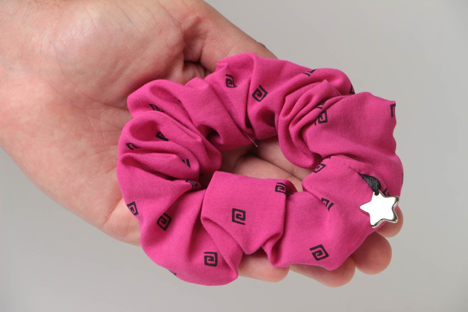 Handmade decorative bright pink fabric elastic hair tie with small charm star  photo 5
