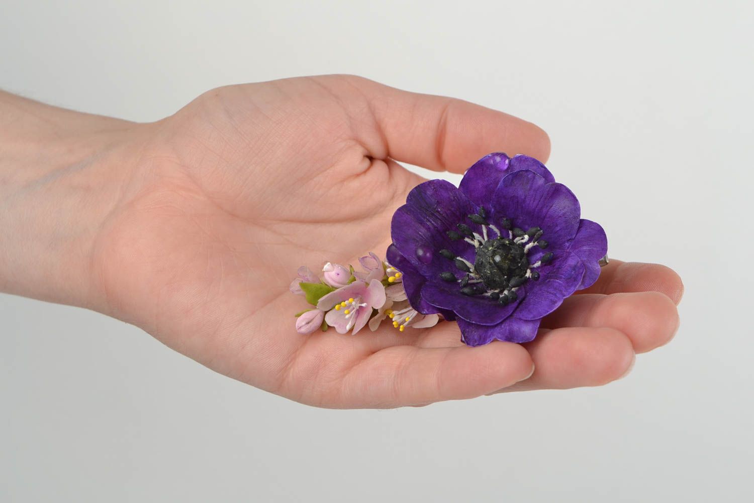 Bright handmade cold porcelain flower hair clip designer accessory Hollyhock  photo 2