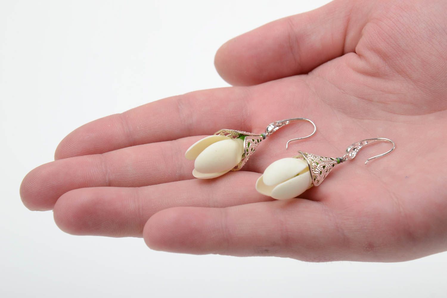 Handmade tender dangling earrings with white cold porcelain snowdrop flowers photo 2