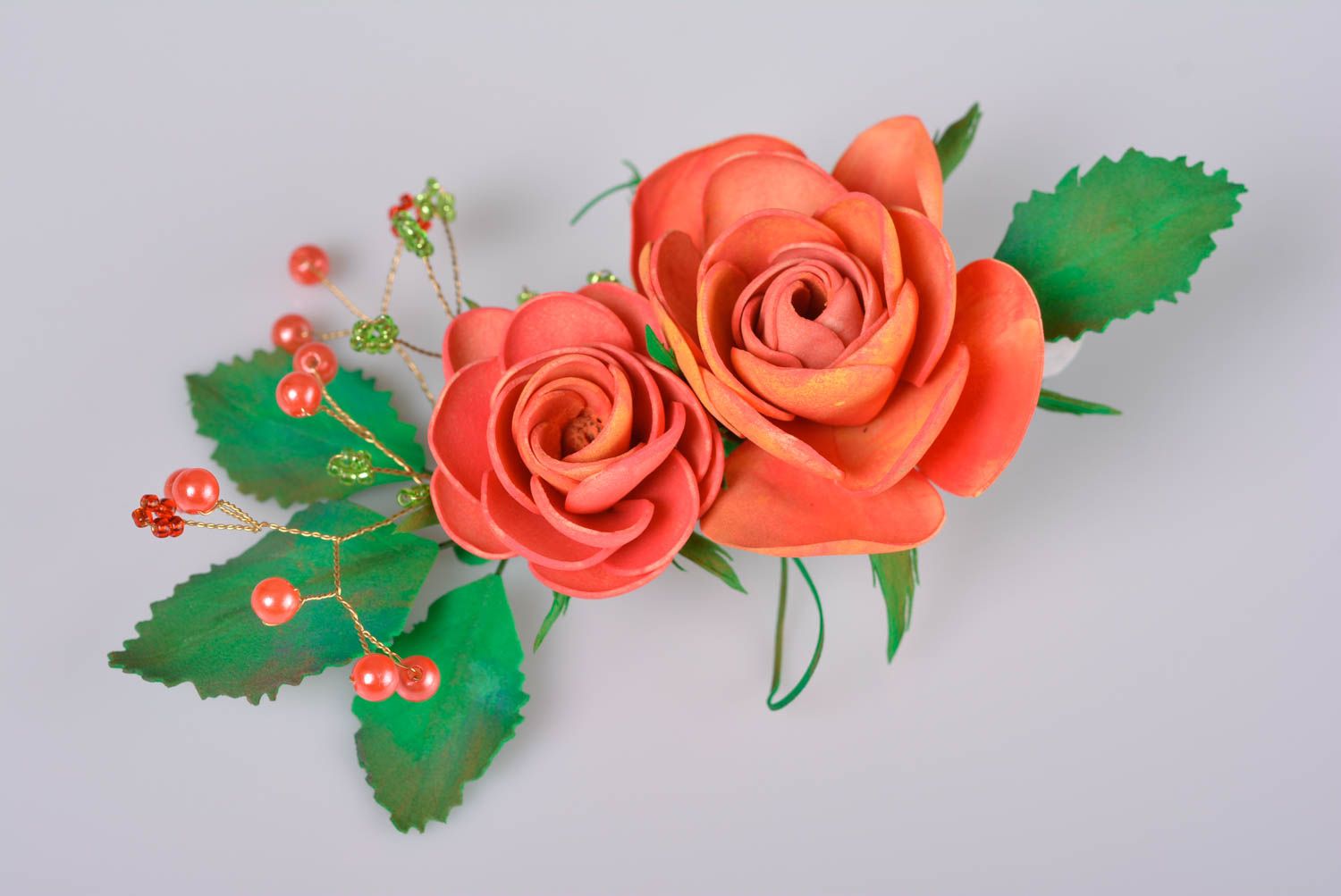 Unusual handmade designer foamiran flower barrette with beautiful rose photo 1